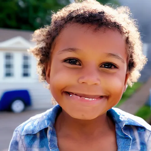 Prompt: a child smiling while an house is on fire in the background, 4k, High quality