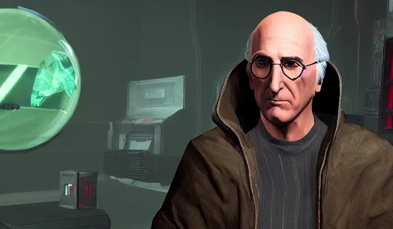 Image similar to Larry David wearing a shady cloak selling you body modification drugs, System Shock 2, Deus Ex, Perfect Dark, Half Life, Source Engine, Quake, Unreal Tournament