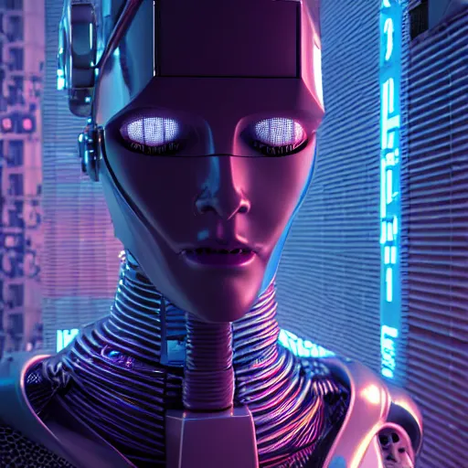 Prompt: hyperrealism stock photography of highly detailed stylish humanoid robot in cyberpunk sci - fi cyberpunk style by gragory crewdson and vincent di fate with many details by josan gonzalez working at the highly detailed data center by mike winkelmann and laurie greasley hyperrealism photo on dsmc 3 system rendered in blender and octane render