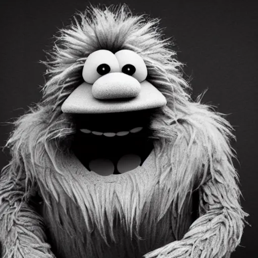 Image similar to a still of a forgotten muppet character looking very manly and modern, hilarious, laughing, hairy chest, huge chin, manly monster tough guy, roughled fur, photo real, photographic, photograph, artstation, trending, featured