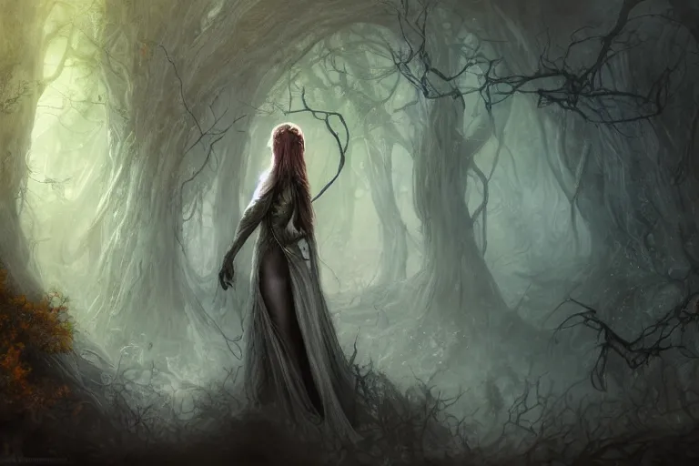Prompt: cinematic painting, portrait of a dryad, fey, mysterious, she's emerging from shadow, face partially hidden by a hooded cloak, ice blue eyes, determined expression, maenad, autumn forest, cinematic fantasy painting, trending on art station, hard focus, cinematic lighting, ominous shadows by brian froud and jessica rossier and gaston bussiere