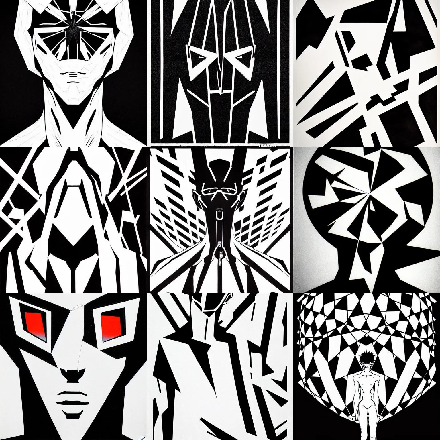 Prompt: neon genesis evangelion in the style of a white on black grainy effect conceptual figurative post - morden monumental abstract portrait made by escher and piranesi, highly conceptual figurative art, intricate detailed illustration, illustration sharp geometrical detail, vector sharp graphic, controversial poster art, polish poster art