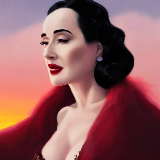 Image similar to closeup portrait of dita von teese, dramatic lighting, city background, sunset, chiaroscuro, complementary contrast high detail, painted by greg rutkowski, painted by igor kieryluk, painted by bobby chiu, trending on artstation