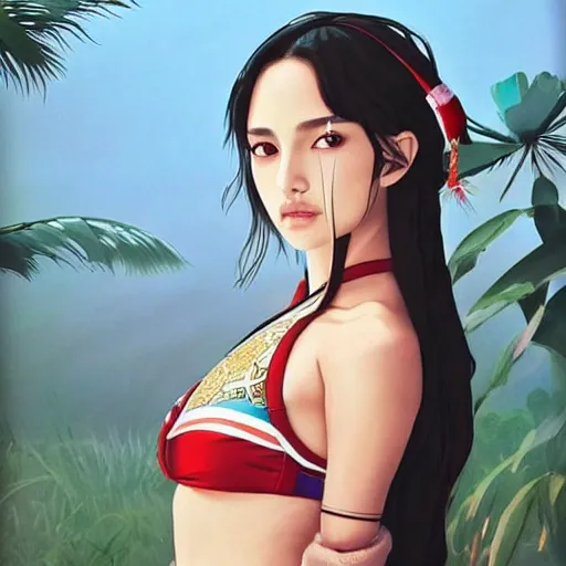 Image similar to a beautiful young japanese natalie portman alluring gravure model, stylized concept art, wearing elegant designer bomber jacket and one piece bikini, bomber jacket with mesoamerican patterns, mesoamerican native street fashion, princess mononoke, painted by ilya kuvshinov aesthetic, gorgeous, stunning, alluring, attractive, artstation, pinterest, digital art