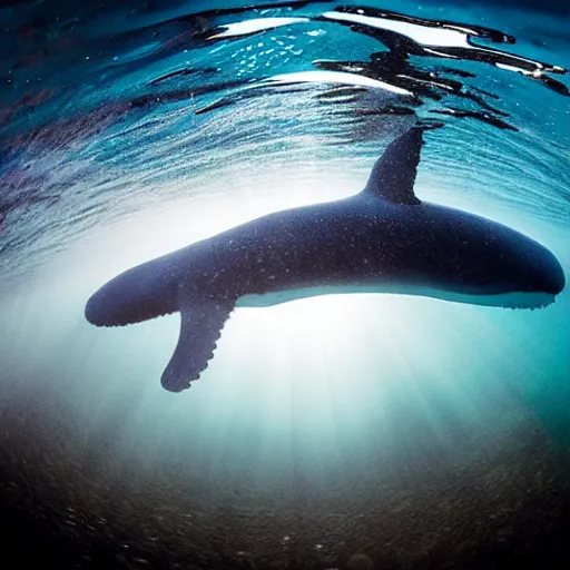 Prompt: underwater ocean, 1 2 whales, swimming to surface, calm, photography, peace, light rays, beautiful, majestic, dapple
