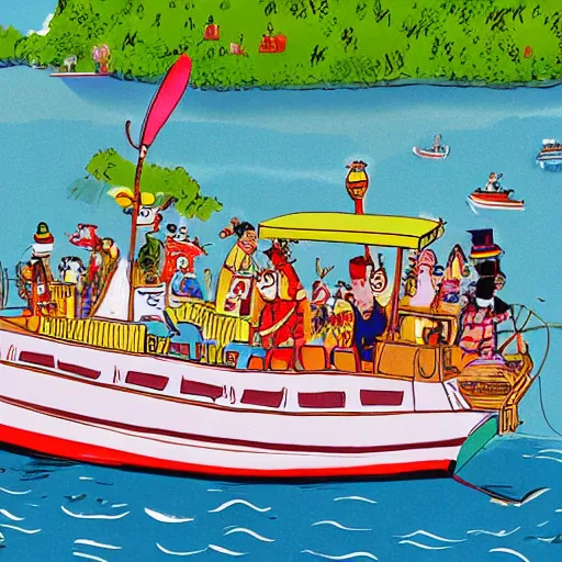 Image similar to rich people and poor people have a boat party, high resolution artistic photograph, bokeh, 4 k, majestic, by vogue magazine, by richard scarry and quentin blake