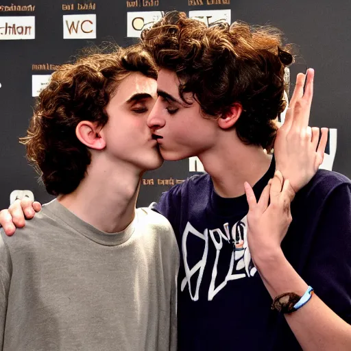 Image similar to timothee chalamet wearing a timothee chalamet tshirt while kissing timothee chalamet