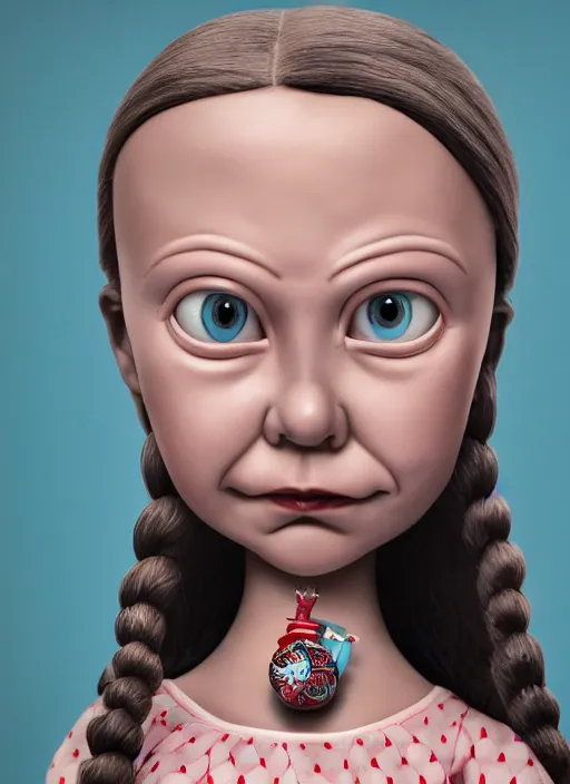 Image similar to closeup face profile portrait of tin toy greta thunberg as a vampire, bikini, depth of field, zeiss lens, detailed, symmetrical, centered, fashion photoshoot, by nicoletta ceccoli, mark ryden, lostfish, breathtaking, 8 k resolution, extremely detailed, beautiful, establishing shot, artistic, hyperrealistic, octane render
