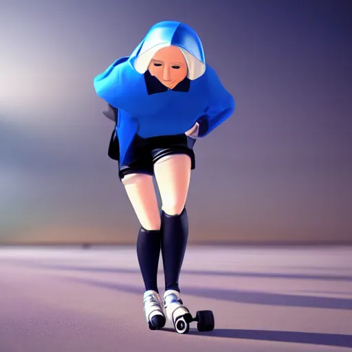 Prompt: blonde nun in blue clothes on roller skates, photorealistic