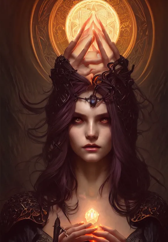 Image similar to Necromancer Sorceress in center, fantasy magic, undercut hairstyle, dark light night, intricate, elegant, sharp focus, illustration, highly detailed, digital painting, concept art, matte, art by WLOP and Artgerm and Greg Rutkowski and Alphonse Mucha, masterpiece