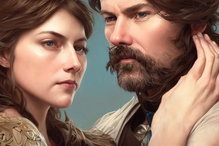 Image similar to portrait painting of scott galloway and kara swisher, ultra realistic, concept art, intricate details, serious, highly detailed, photorealistic, octane render, 8 k, unreal engine. art by artgerm and greg rutkowski and alphonse mucha