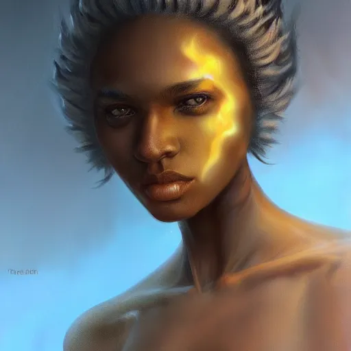 Prompt: a beautiful portrait of a flame god by Jim Burns and Tom Bagshaw, black skin, Trending on Artstation, Flaming Background