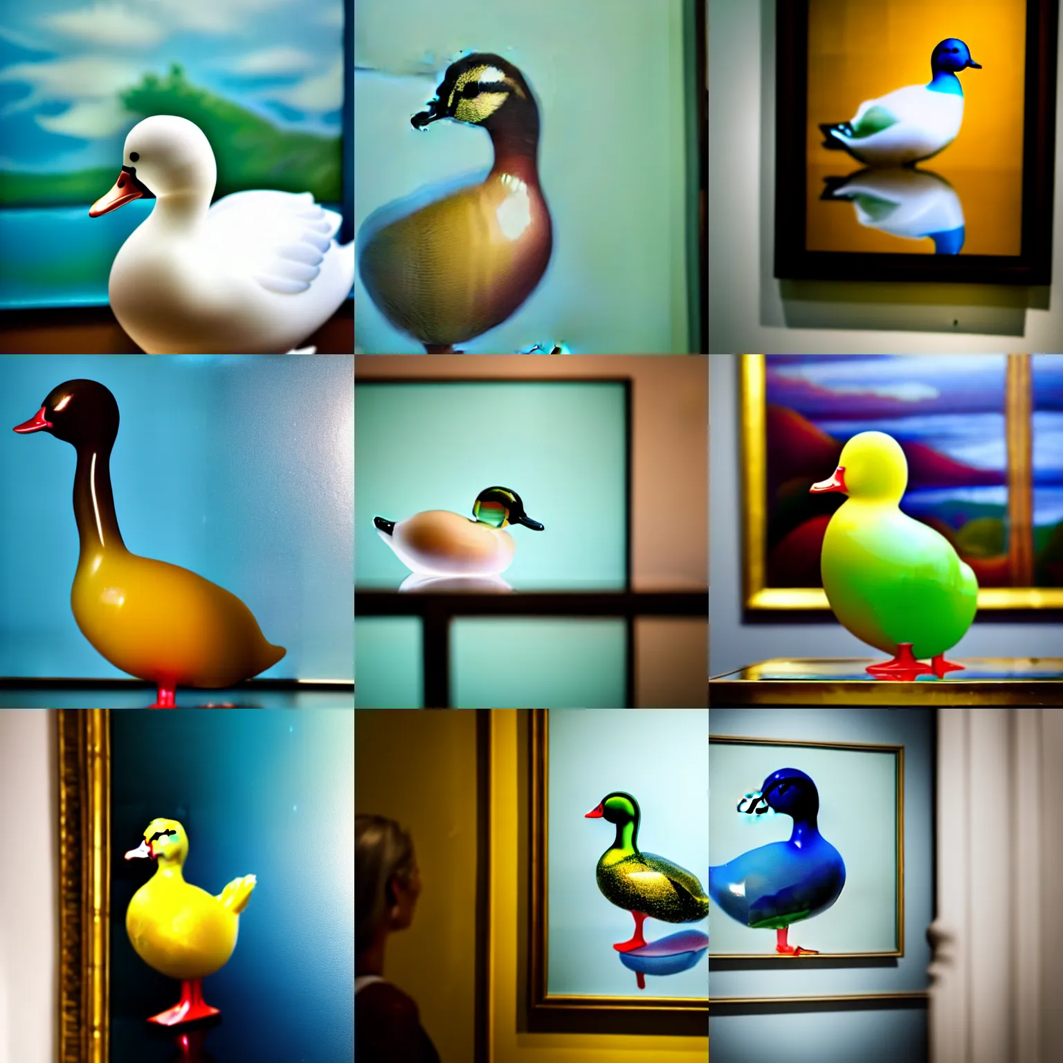 Prompt: a close up photo of a transparent glass duck in front of a painting, professional photography