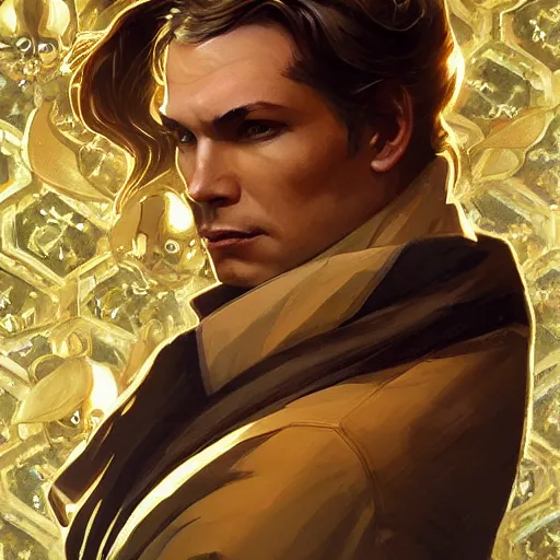 Image similar to Sandman with a gold suit, portrait, intricate, elegant, highly detailed, digital painting, artstation, concept art, smooth, sharp focus, illustration, art by artgerm and greg rutkowski and alphonse mucha