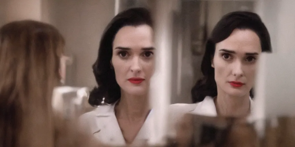 Prompt: ultra wide angle photo of winona ryder dressed in a white blouse and black dress pants as diana prince looking at herself in a bathroom mirror and seeing her reflection as wonder woman