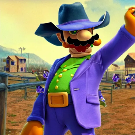 Image similar to waluigi from the mario series dressed as a cowboy fighting outlaws in a town, cinematic still frame oil painting, high detailed painting, greatly illustrated, photo - realistic painting )