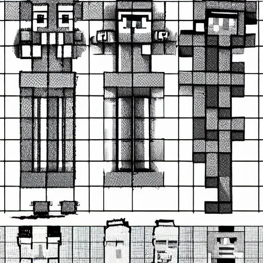 Image similar to technical drawing on the anatomy of a minecraft creeper