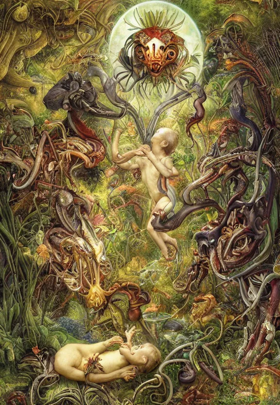 Prompt: simplicity, elegant, muscular animals, human babies, botany, orchids, radiating, colorful mandala, psychedelic, overgrown garden environment, by h. r. giger and esao andrews and maria sibylla merian eugene delacroix, gustave dore, thomas moran, pop art, biomechanical xenomorph, street art, saturated