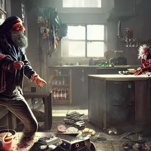 Image similar to a cyberpunk british magical hobo breaks into some ork's kitchen and attacks them, 4 k, detailed, real life photo, sharp focus, photorealistic