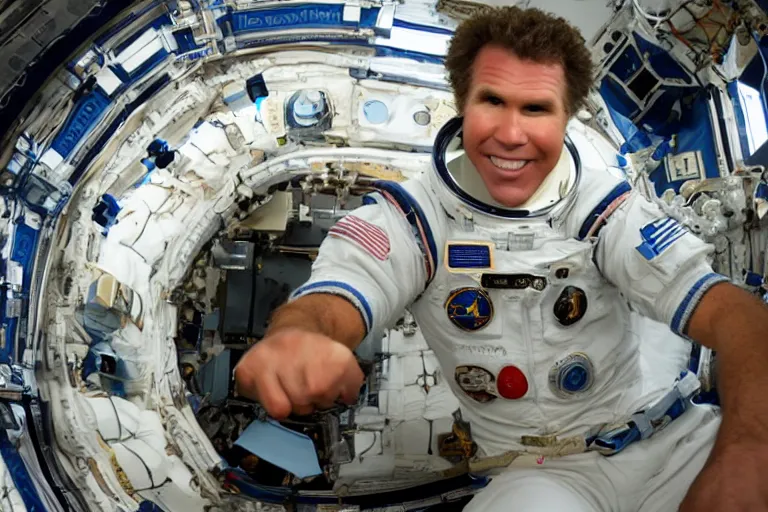 Image similar to 35mm Will Ferrell portrait photo on the international space station, by Emmanuel Lubezki