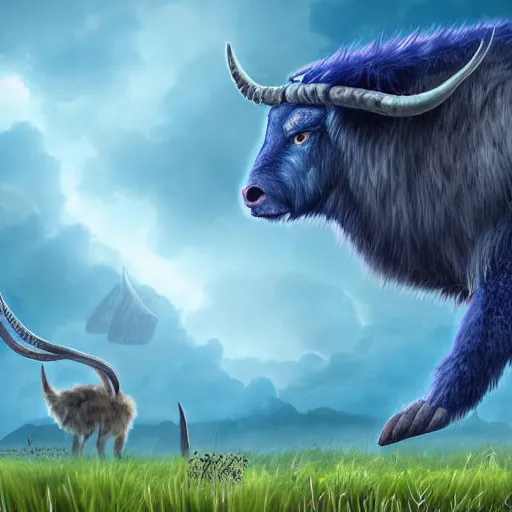 Prompt: an illustration of a giant six - legged beast bull - like head, a pair of horns thick blue fluffy fur walking across a peaceful fantasy meadow with fishes flying in the sky digital art concept art