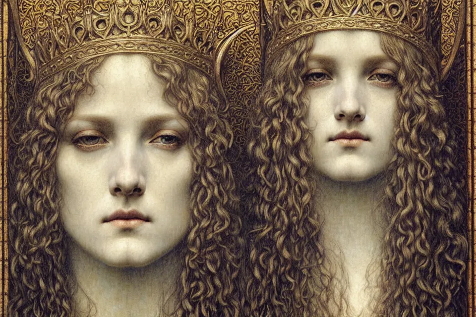 Image similar to detailed realistic beautiful young medieval queen face portrait by jean delville, gustave dore and marco mazzoni, art nouveau, symbolist, visionary, gothic, pre - raphaelite. horizontal symmetry