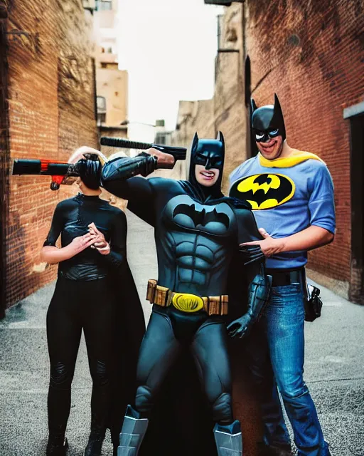 Image similar to happy batman firing super soaker water gun at playful criminals in an alleyway, everyone having fun, product advertisement, photogenic photograph