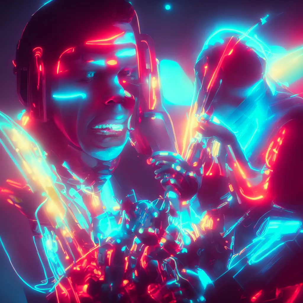 Image similar to portrait of a beautiful neon man lovingly licking his roland synthesizer, 4k, volumetric lighting, close-up, trending on artstation, octane render, hyperrealistic