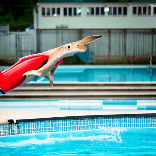 Prompt: a shark diving from a diving board into a pool. a lifeguard is guarding the pool. photographic, photography