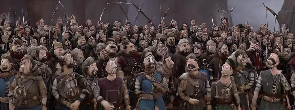 Prompt: William wallace giving speech in front of an army of Scottish highlanders, claymation, wallace and grommit, realistic volumetric lighting