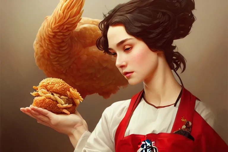 Image similar to kfc chicken, portrait, elegant, intricate, digital painting, artstation, concept art, smooth, sharp focus, illustration, art by artgerm and greg rutkowski and alphonse mucha