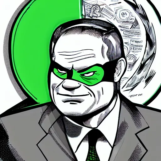 Image similar to Portrait of Benjamin Netanyahu as a green money superhero, by Jim Lee, Jack Kirby, highly detailed, clean, wallpaper