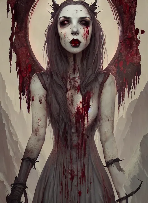 Image similar to beautiful, very very very extreme closeup portrait, bloody, vampire girl, extreme blood, vampire fangs, medieval dress. witch, makeup. unreal engine, greg rutkowski, loish, rhads, beeple, tom bagshaw, alphonse mucha, global illumination, detailed and intricate environment