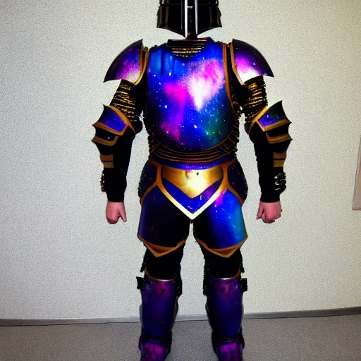 Image similar to full body photo of a warrior with galaxy coloured armour,