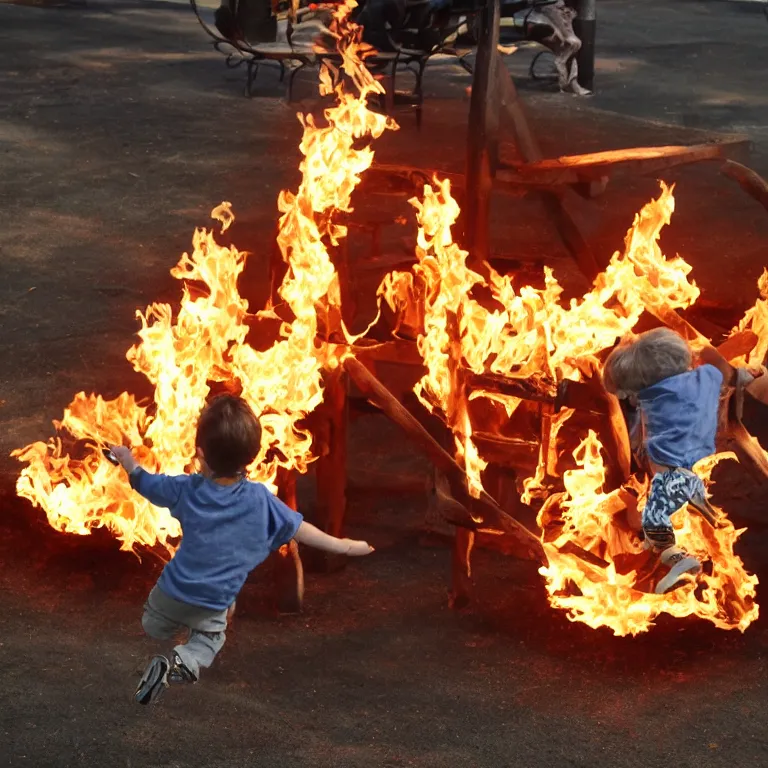 Prompt: gotta swing through the flames like a kid at the playground