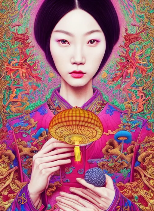 Image similar to pretty chinese model with hallucination mushroom : : by martine johanna and simon stalenhag and chie yoshii and casey weldon and wlop : : ornate, dynamic, particulate, rich colors, intricate, elegant, highly detailed, vogue, harper's bazaar art, fashion magazine, smooth, sharp focus,