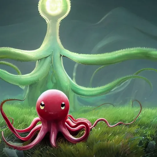 Image similar to a cute beautiful plant type pokemon with beautiful happy smile, red tentacles bursting out of his hair, full body portrait, highly detailed digital art, 3 d perspective, award - winning illustration, aesthetic, smooth, pokemon style, made by greg rutkowski, with an alien landscape in the background