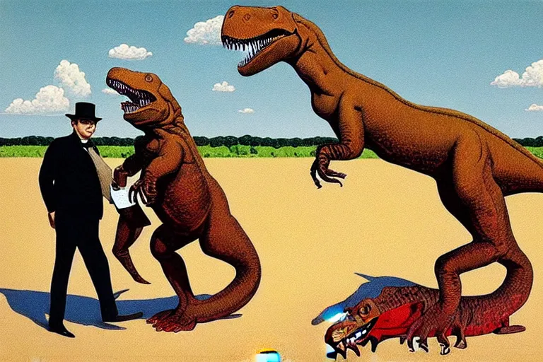 Image similar to Winston Churchill riding a T-Rex, painting by Jean Giraud and René Magritte