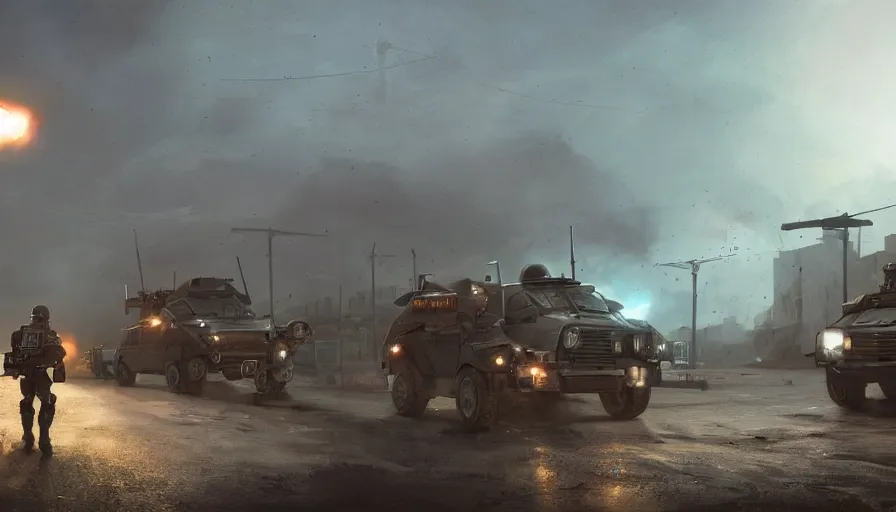 Image similar to a militarized police vehicle with mounted weapons riding through an orwellian town, troops searching the area, action scene, an epic fantasy, dramatic lighting, cinematic, establishing shot, extremely high detail, photorealistic, cinematic lighting, artstation, octane render, by simon stalenhag, horizon forbidden west