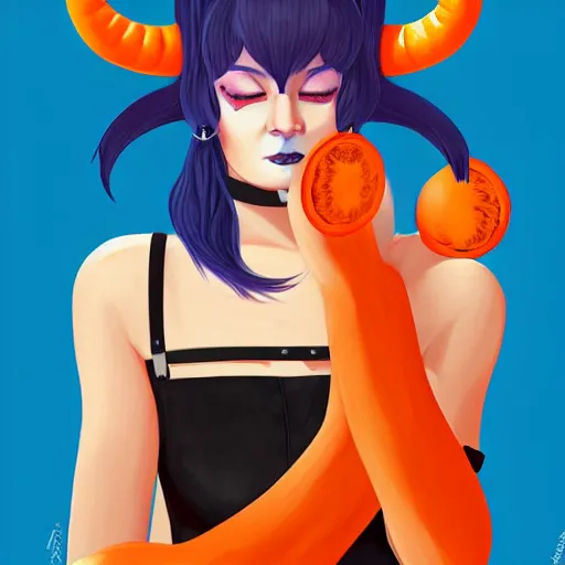 Image similar to illustrated portrait of ram-horned devil woman with blue bob hairstyle and her tangerine colored skin and with solid black eyes wearing leather by rossdraws