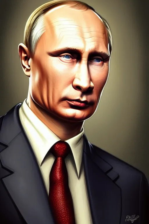 Image similar to vladimir putin as a character from the simpsons cartoon, realistic portrait, symmetrical, highly detailed, digital painting, artstation, concept art, smooth, sharp focus, illustration, cinematic lighting, art by artgerm and greg rutkowski and alphonse mucha