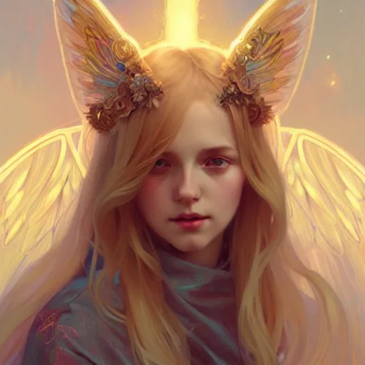 Prompt: A girl angel with blonde hair, cat ears, glowing halo, wings, fantasy, intricate, elegant, highly detailed, digital painting, artstation, concept art, smooth, sharp focus, illustration, art by Krenz Cushart and Artem Demura and alphonse mucha