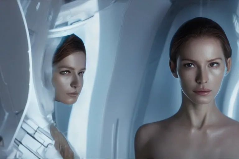 Image similar to VFX movie of a futuristic space woman model gorgeous portrait in inhuman future spaceship, beautiful natural skin natural lighting by Emmanuel Lubezki