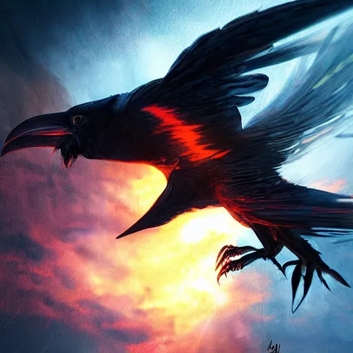 Prompt: detailed digital art, realistic, raven demon flying through the dark night with a mysterious northern blaze, by naomi chen, cgsociety