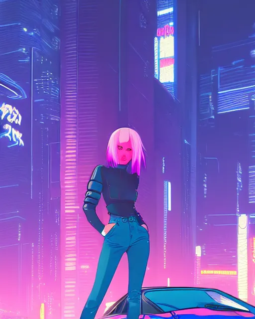 Image similar to digital illustration of cyberpunk pretty girl with blue hair, standing in front of a purple lamborghini, in junkyard at night, by makoto shinkai, ilya kuvshinov, lois van baarle, rossdraws, basquiat