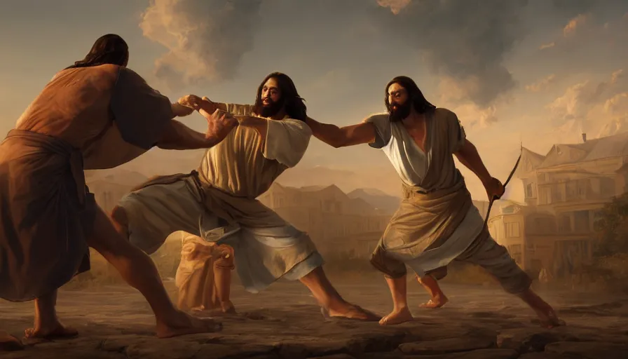 Prompt: a painting of jesus fighting a blind man, hyperrealistic, 8k, unreal engine, artstation, cgsociety