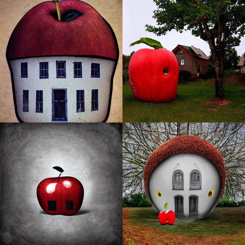 Prompt: house in a giant apple in the style of Tadeusz Dominik