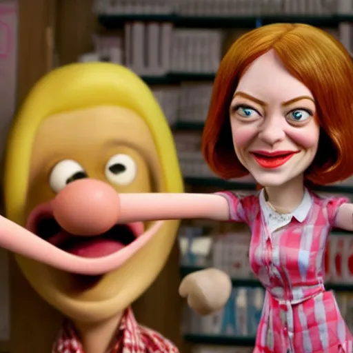 Image similar to hyperrealistic emma stone caricature surrounded by long fat frankfurter sausages by bob byerley and aardman animation, mascot, target reticles