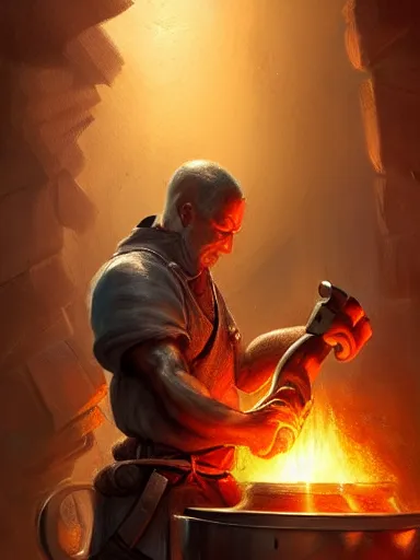 Prompt: a blacksmith striking a hammer, forging in its anvil. intricate, elegant, highly detailed, digital painting, artstation, cinematic shot, concept art, sharp focus, illustration, by justin gerard and artgerm 8 k