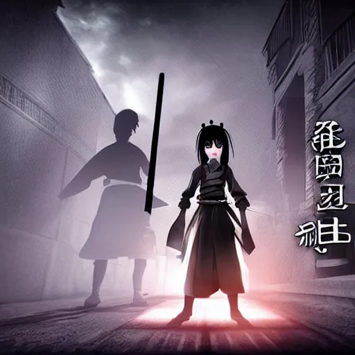 Prompt: a samurai girl with a sword fights with ghost kids with dark eyes from the down stairs in the school at the night, high detailed, dark atmosphere, unreal engine, japanese anime, horror